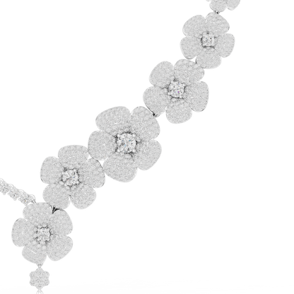 18.60ctw Solid Gold Floral Diamond Tennis Necklace | Luxury Asymmetric Blossom Choker