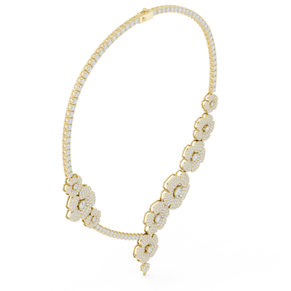 18.60ctw Solid Gold Floral Diamond Tennis Necklace | Luxury Asymmetric Blossom Choker