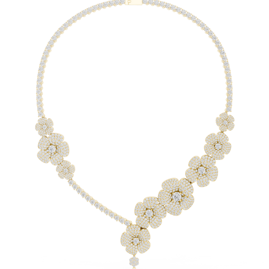 18.60ctw Solid Gold Floral Diamond Tennis Necklace | Luxury Asymmetric Blossom Choker