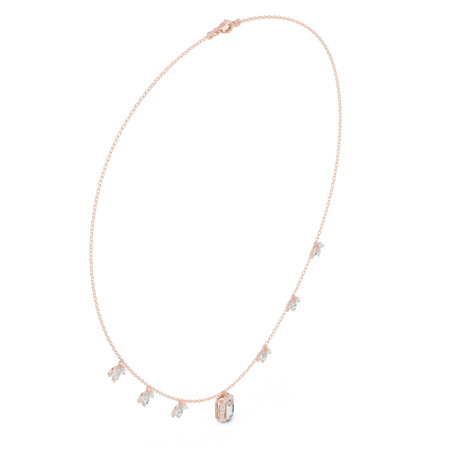 1.73 Carat Solid Gold Baguette Cut Halo Necklace with Marquise Leaf Charms