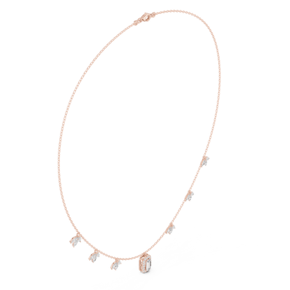 1.73 Carat Solid Gold Baguette Cut Halo Necklace with Marquise Leaf Charms