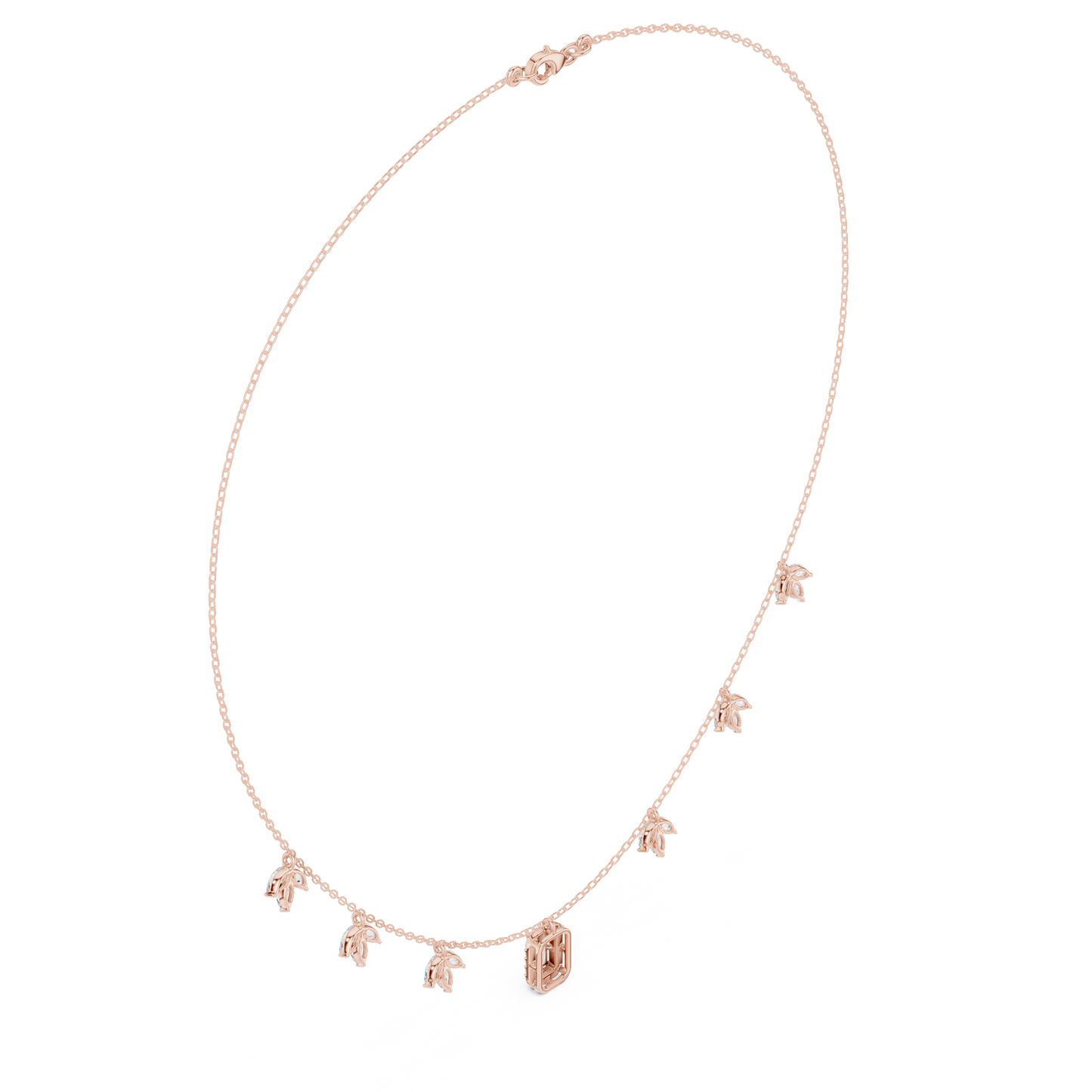 1.73 Carat Solid Gold Baguette Cut Halo Necklace with Marquise Leaf Charms