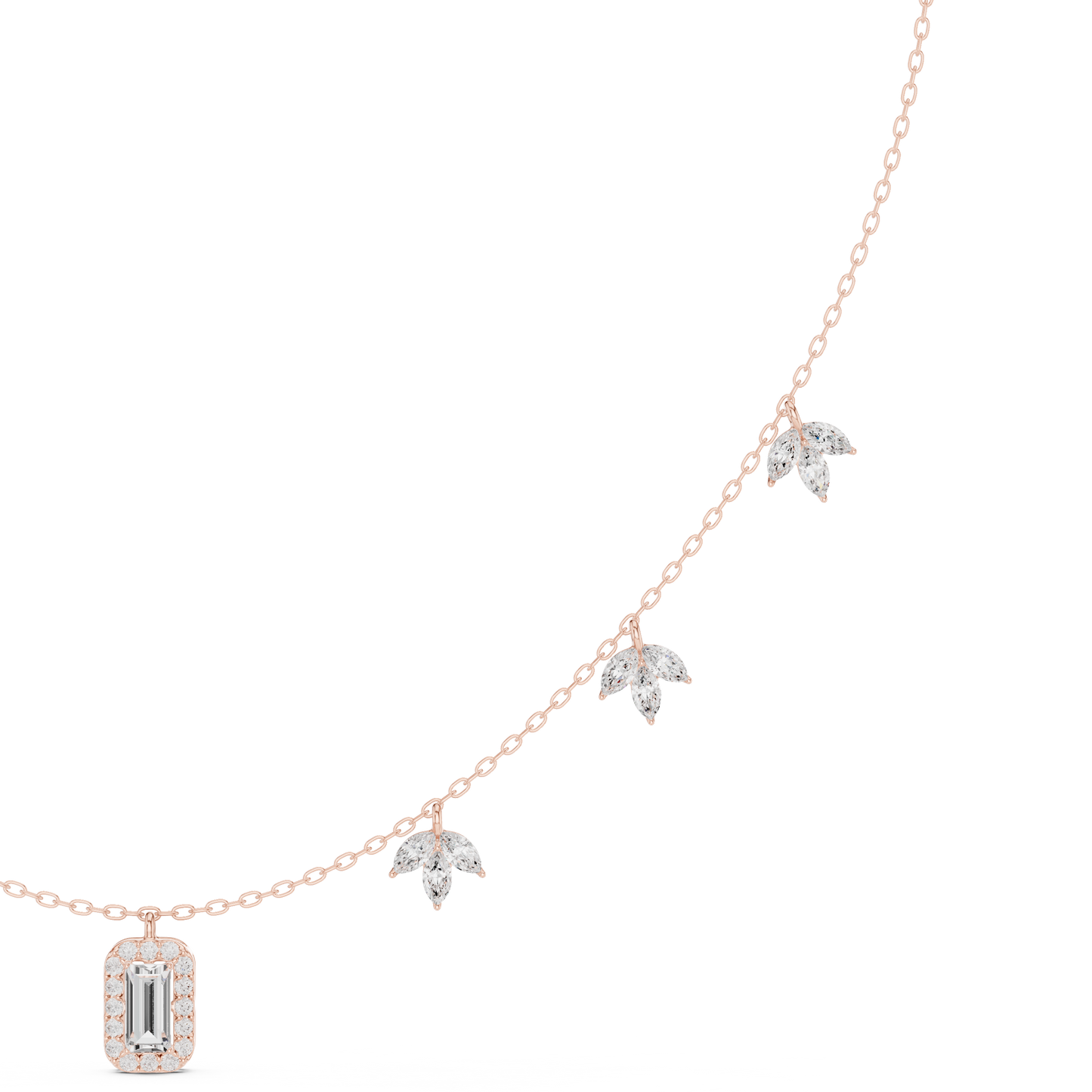 1.73 Carat Solid Gold Baguette Cut Halo Necklace with Marquise Leaf Charms