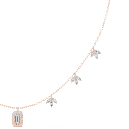 1.73 Carat Solid Gold Baguette Cut Halo Necklace with Marquise Leaf Charms