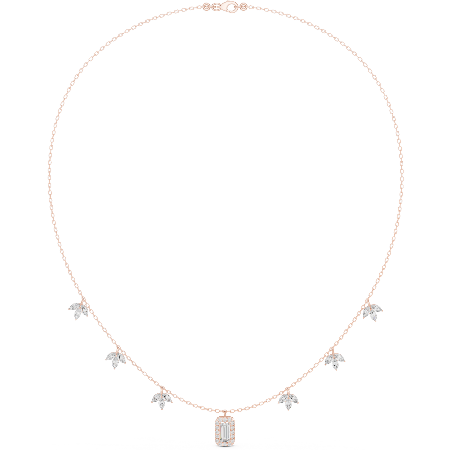 1.73 Carat Solid Gold Baguette Cut Halo Necklace with Marquise Leaf Charms