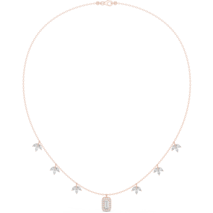 1.73 Carat Solid Gold Baguette Cut Halo Necklace with Marquise Leaf Charms