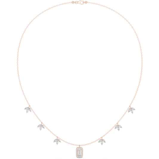 1.73ctw Solid Gold Baguette Cut Halo Necklace with Marquise Leaf Charms