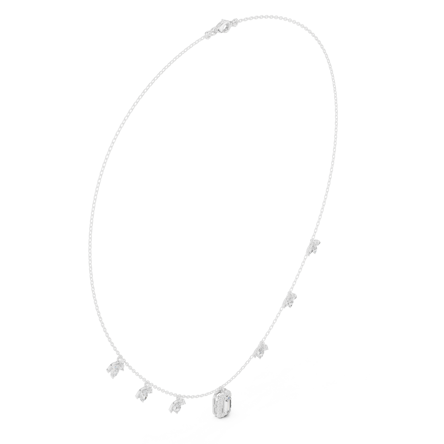 1.73 Carat Solid Gold Baguette Cut Halo Necklace with Marquise Leaf Charms