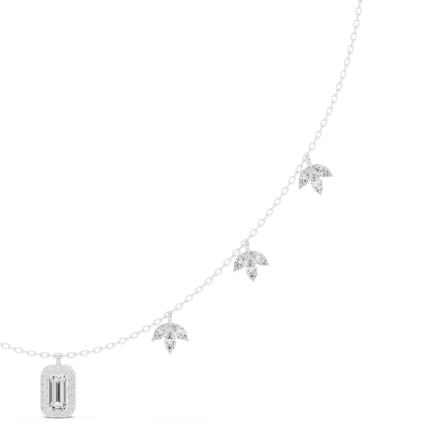 1.73 Carat Solid Gold Baguette Cut Halo Necklace with Marquise Leaf Charms