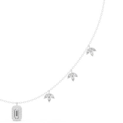 1.73 Carat Solid Gold Baguette Cut Halo Necklace with Marquise Leaf Charms