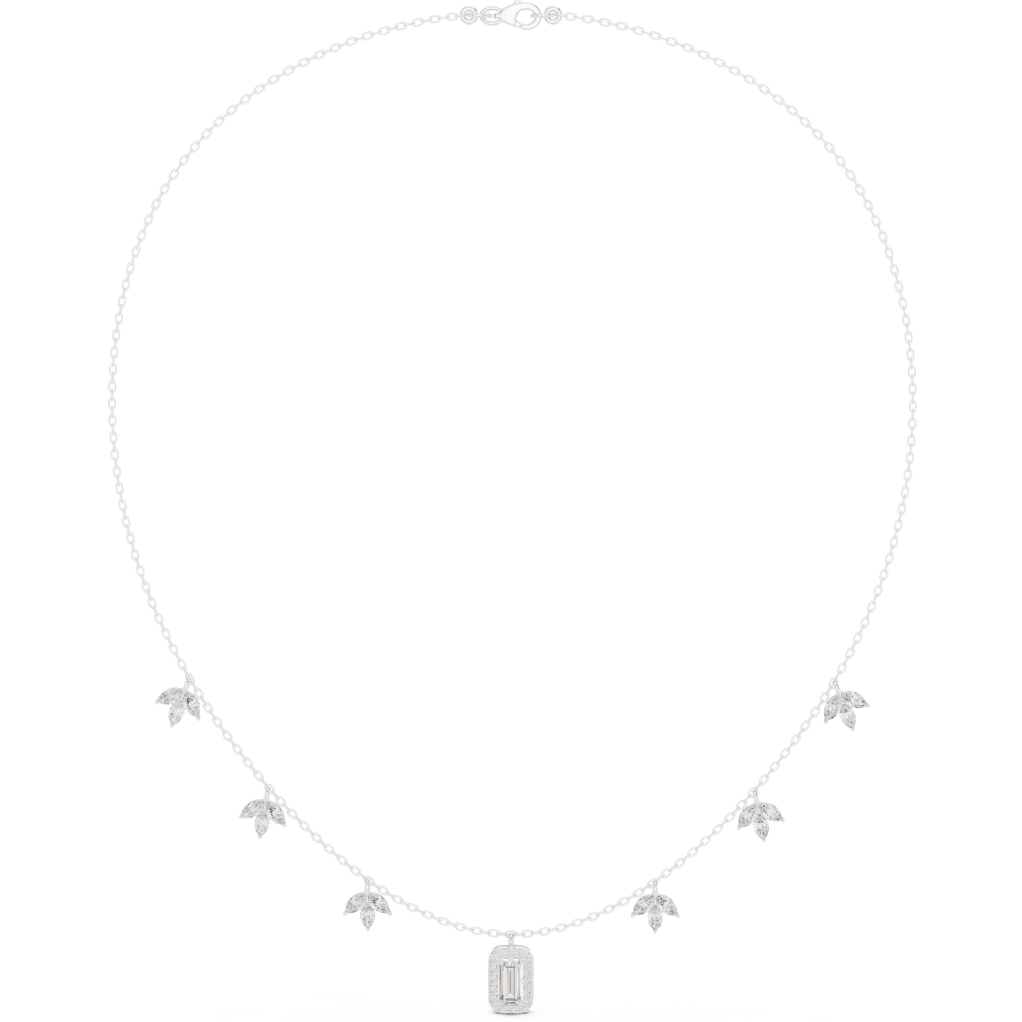 1.73 Carat Solid Gold Baguette Cut Halo Necklace with Marquise Leaf Charms