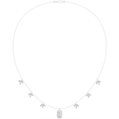 1.73 Carat Solid Gold Baguette Cut Halo Necklace with Marquise Leaf Charms