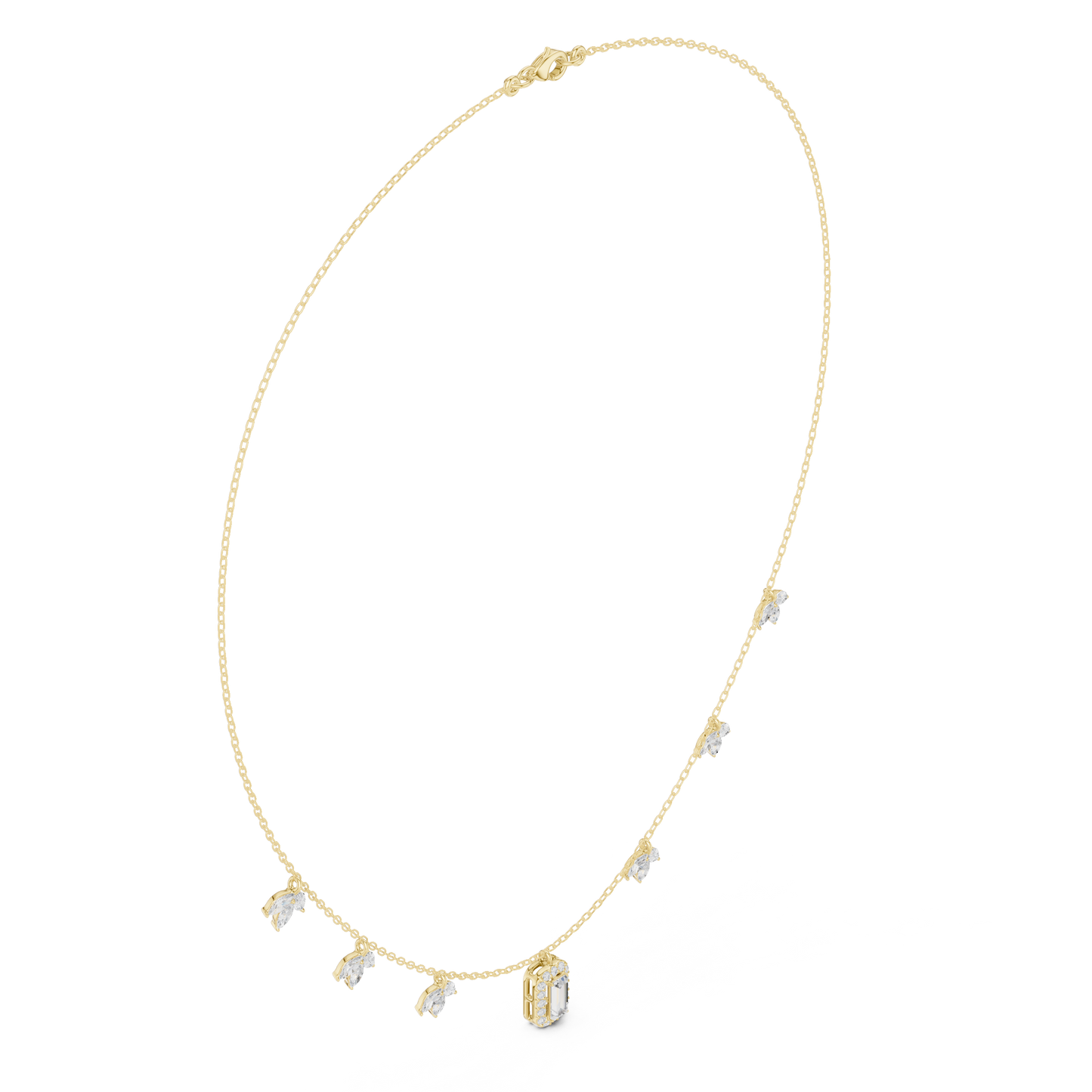 1.73 Carat Solid Gold Baguette Cut Halo Necklace with Marquise Leaf Charms