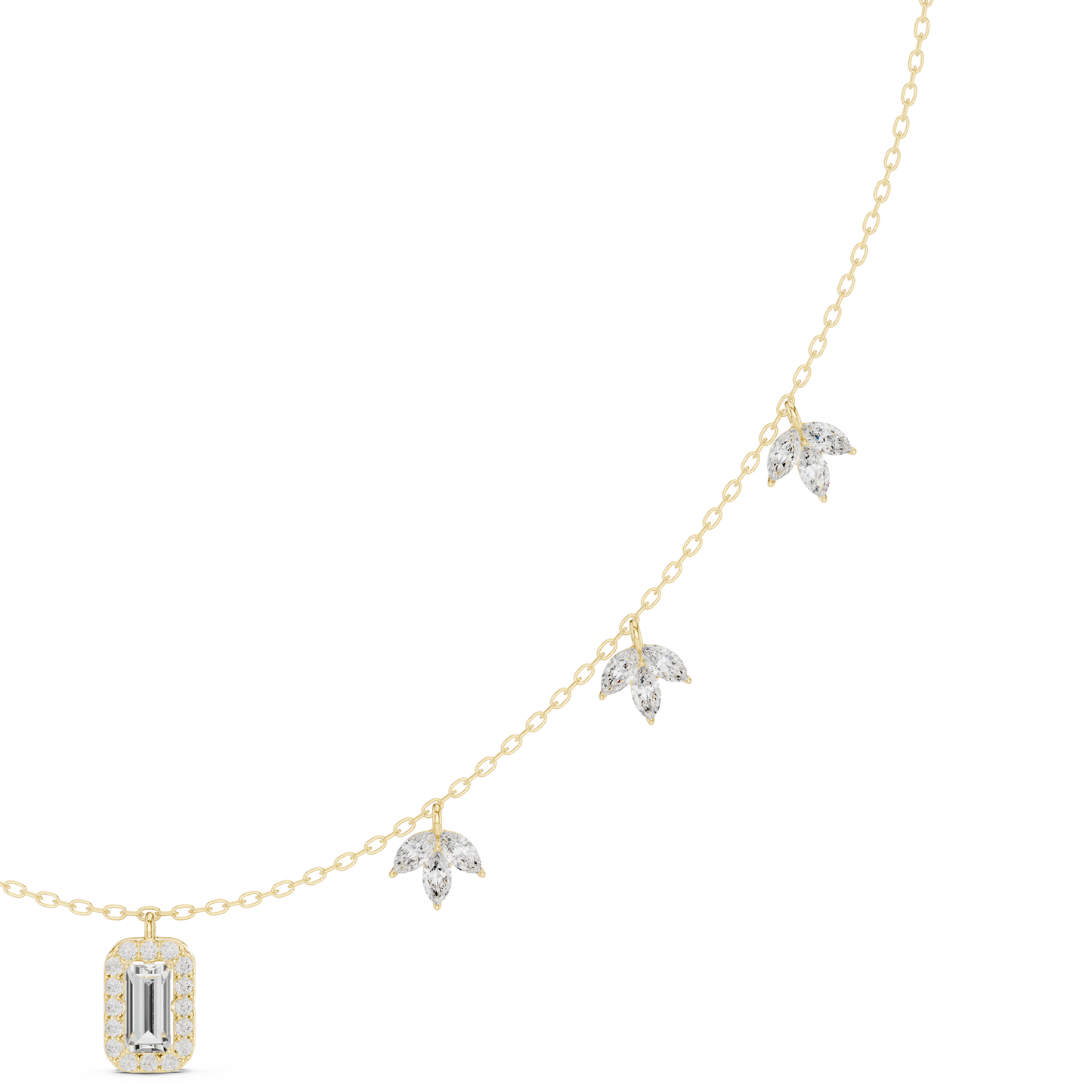 1.73 Carat Solid Gold Baguette Cut Halo Necklace with Marquise Leaf Charms