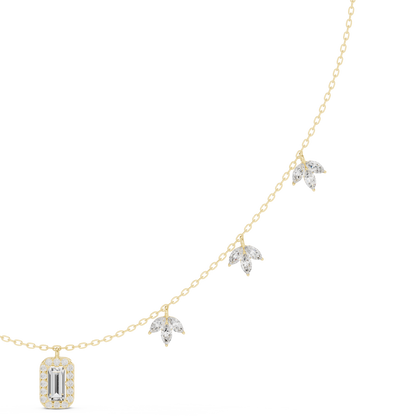 1.73 Carat Solid Gold Baguette Cut Halo Necklace with Marquise Leaf Charms