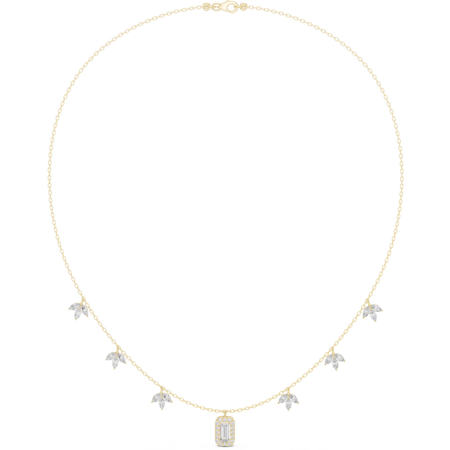 1.73 Carat Solid Gold Baguette Cut Halo Necklace with Marquise Leaf Charms