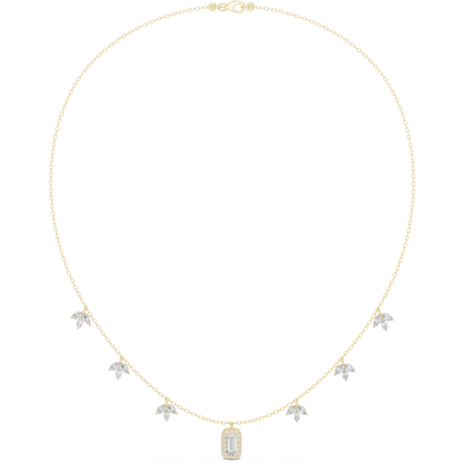 1.73 Carat Solid Gold Baguette Cut Halo Necklace with Marquise Leaf Charms