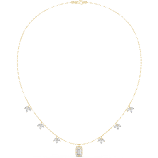1.73ctw Solid Gold Baguette Cut Halo Necklace with Marquise Leaf Charms