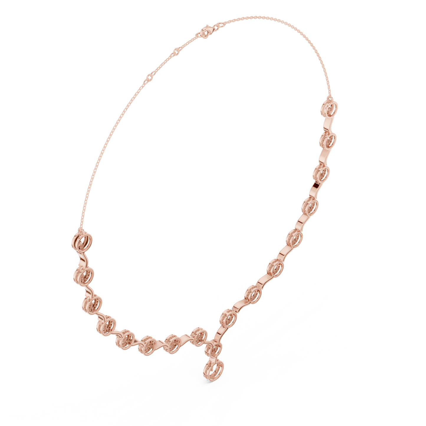 1.47 Carat Solid Gold Interlocking Circle Wave Halo Y-Necklace with Drop