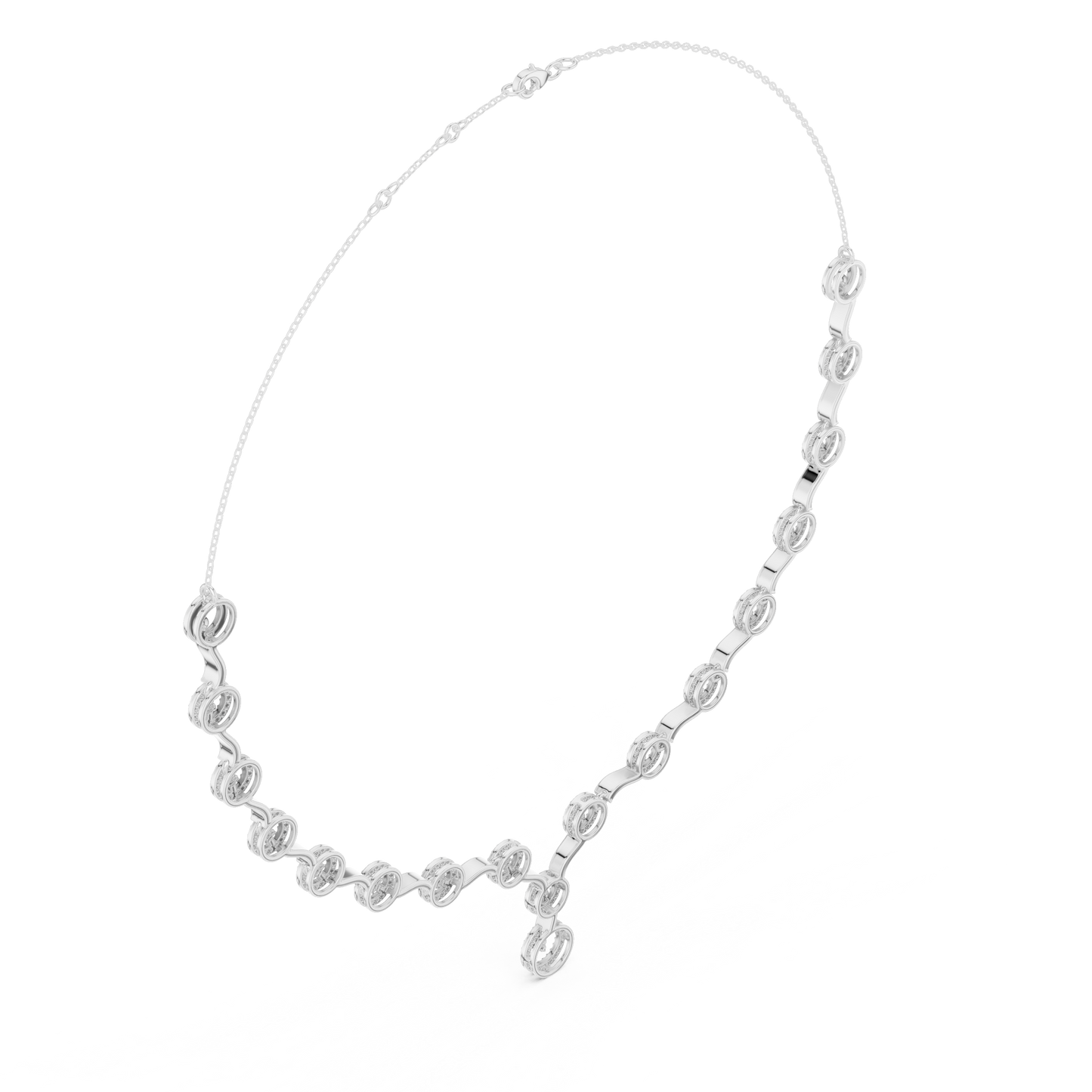 1.47 Carat Solid Gold Interlocking Circle Wave Halo Y-Necklace with Drop