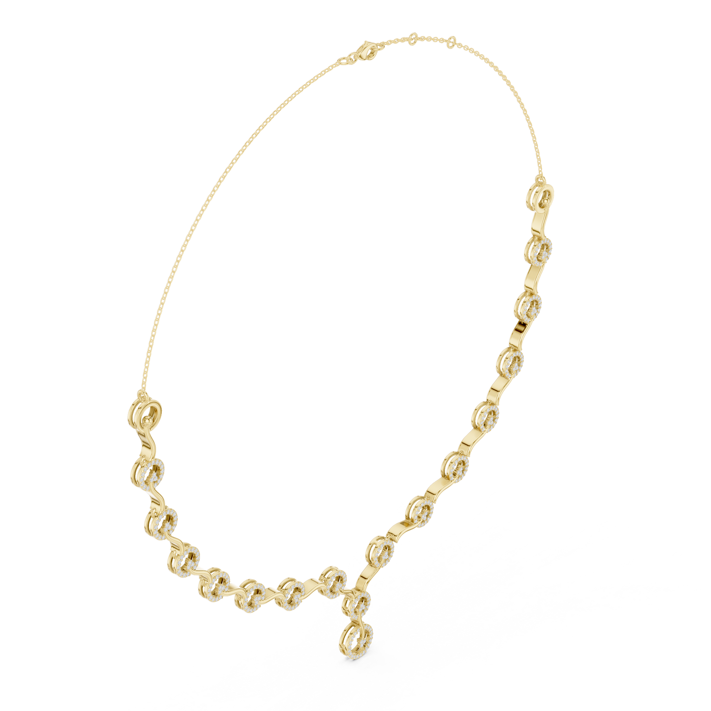 1.47 Carat Solid Gold Interlocking Circle Wave Halo Y-Necklace with Drop