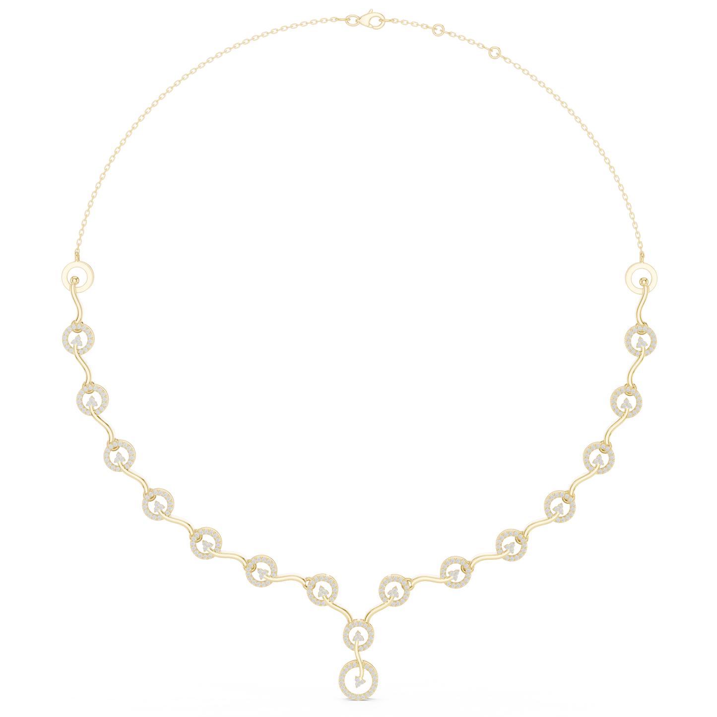 1.47 Carat Solid Gold Interlocking Circle Wave Halo Y-Necklace with Drop
