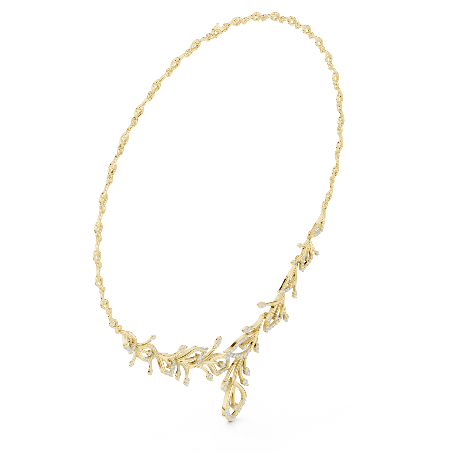 2.37ctw Yellow Gold Diamond Vine Necklace | Leaf Pendant Floral Bridal Jewelry