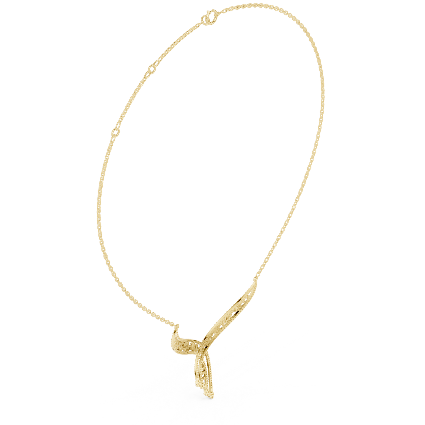 1.51ctw Solid Gold Leaf Filigree Bypass V-Shape Drop Pendant Necklace