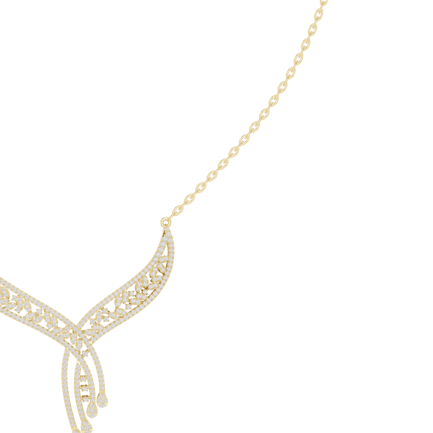 1.51ctw Solid Gold Leaf Filigree Bypass V-Shape Drop Pendant Necklace