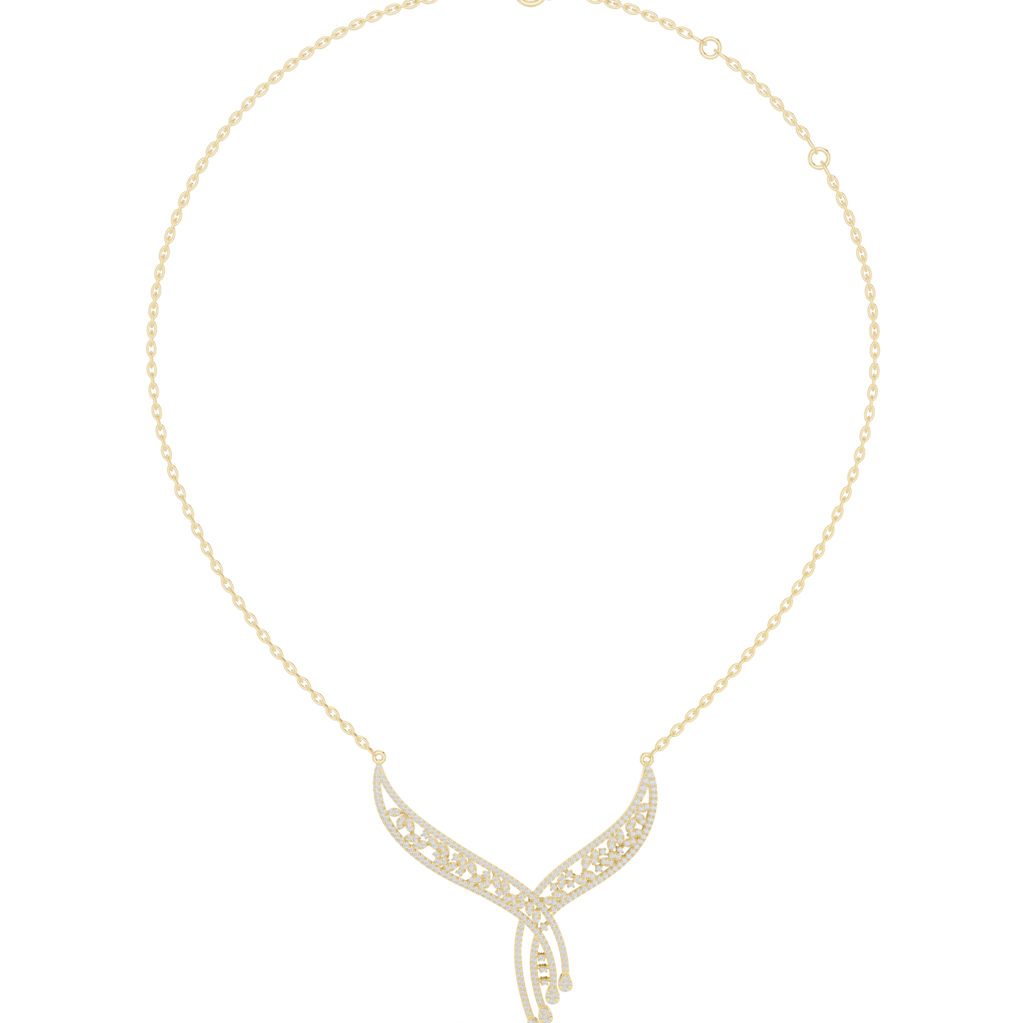 1.51ctw Solid Gold Leaf Filigree Bypass V-Shape Drop Pendant Necklace