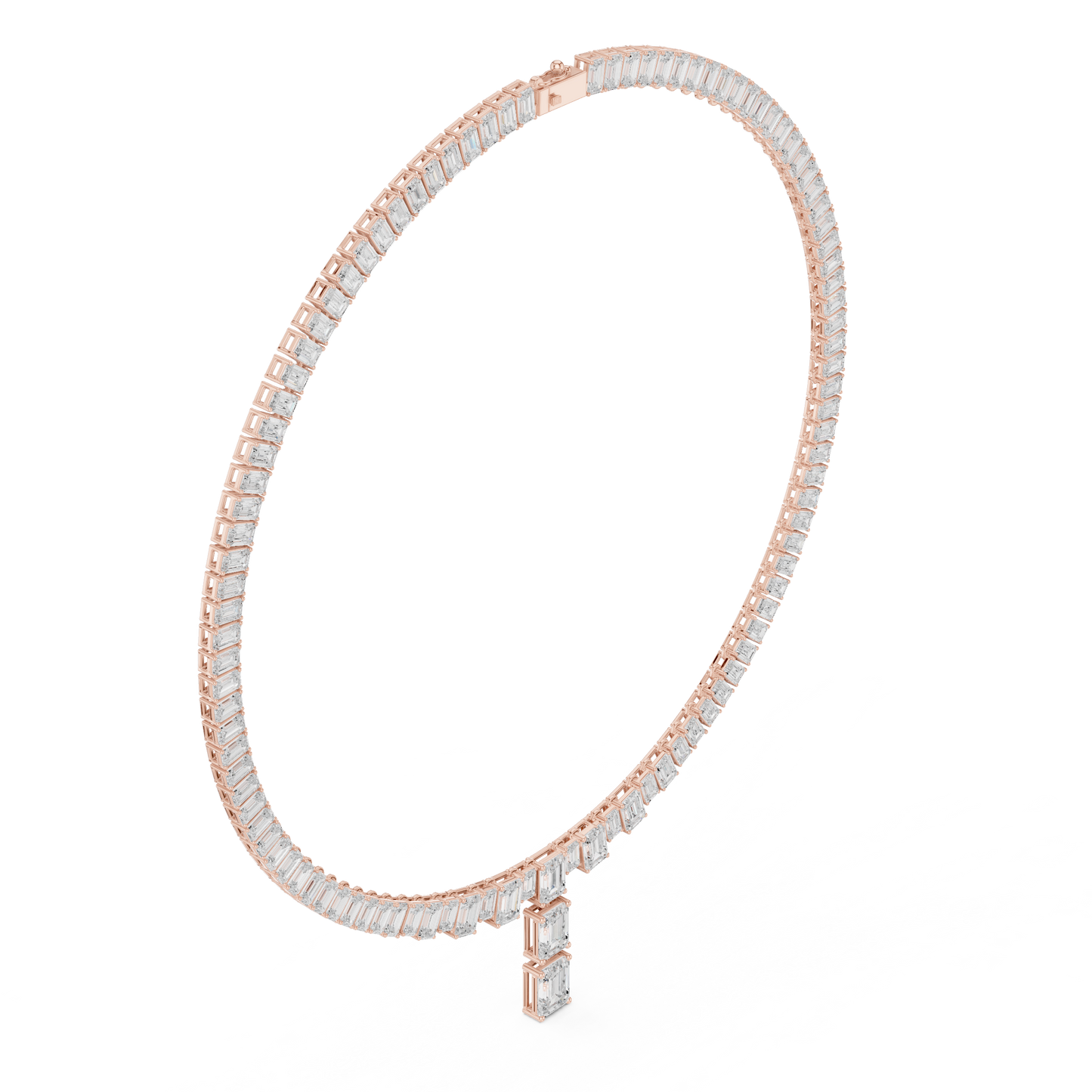 33.3ctw Solid Gold Emerald Cut Diamond Tennis Riviere Necklace with Drop