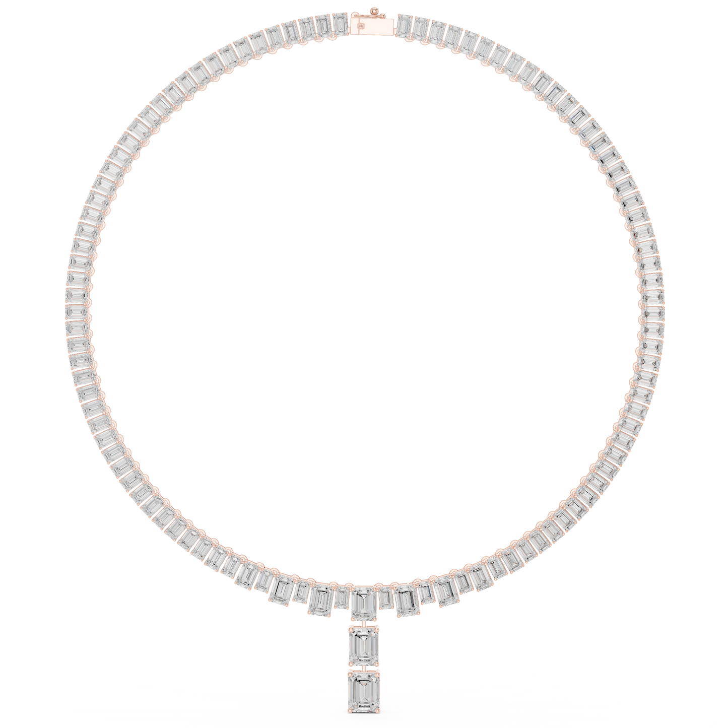 33.3ctw Solid Gold Emerald Cut Diamond Tennis Riviere Necklace with Drop