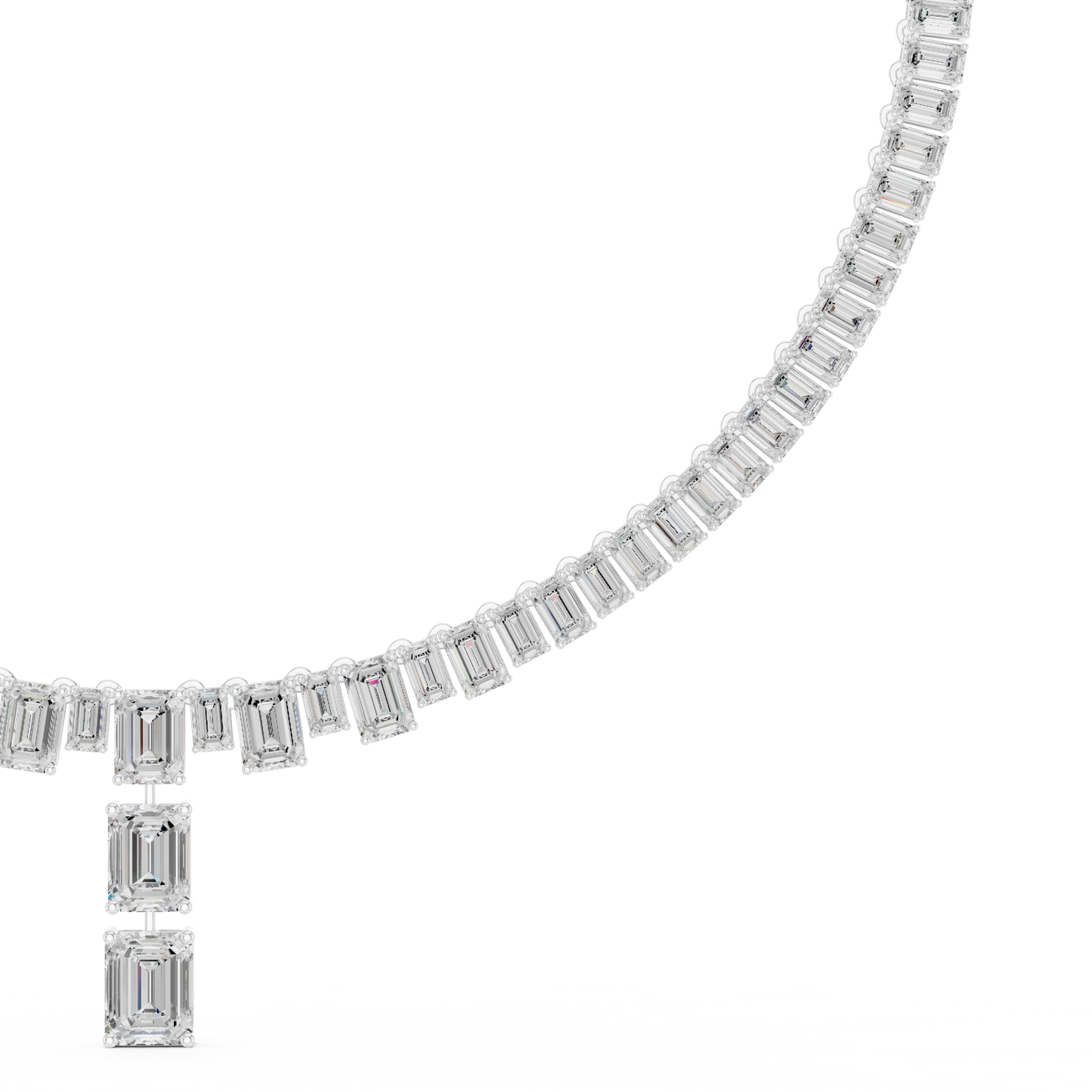 33.3ctw Solid Gold Emerald Cut Diamond Tennis Riviere Necklace with Drop