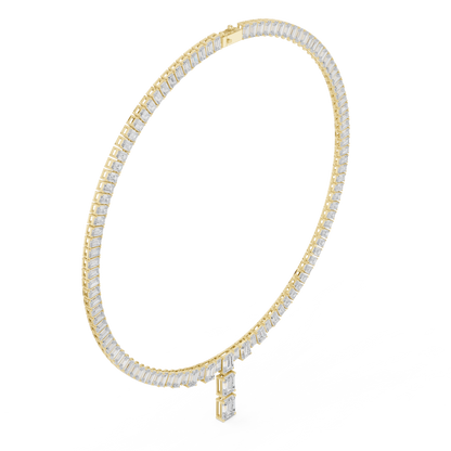 33.3ctw Solid Gold Emerald Cut Diamond Tennis Riviere Necklace with Drop