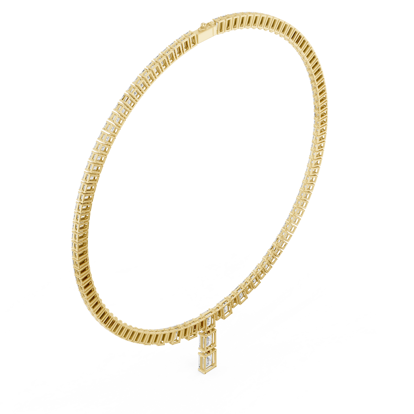 33.3ctw Solid Gold Emerald Cut Diamond Tennis Riviere Necklace with Drop