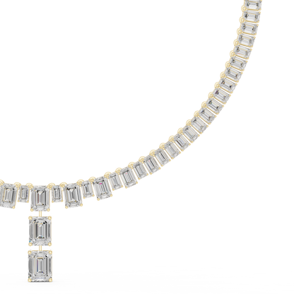 33.3ctw Solid Gold Emerald Cut Diamond Tennis Riviere Necklace with Drop