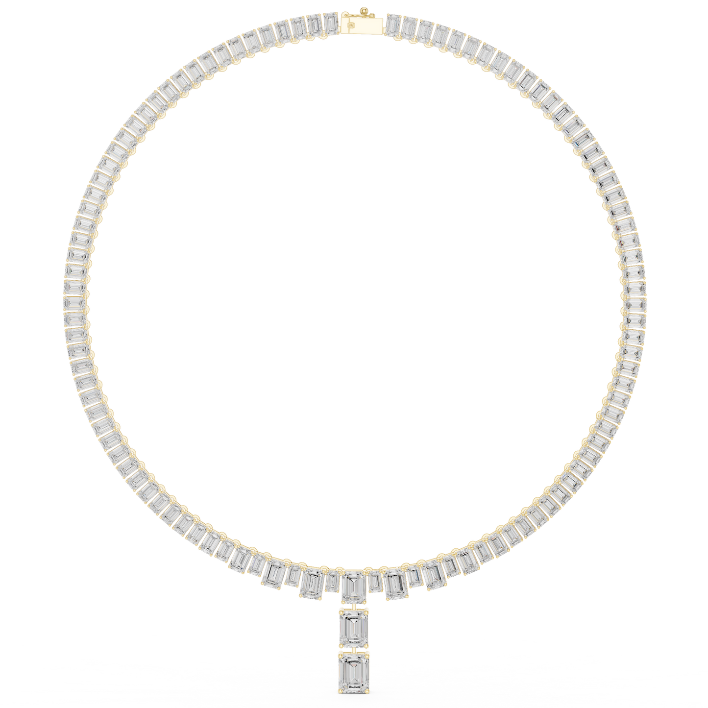 33.3ctw Solid Gold Emerald Cut Diamond Tennis Riviere Necklace with Drop