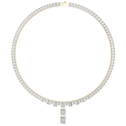 33.3ctw Solid Gold Emerald Cut Diamond Tennis Riviere Necklace with Drop
