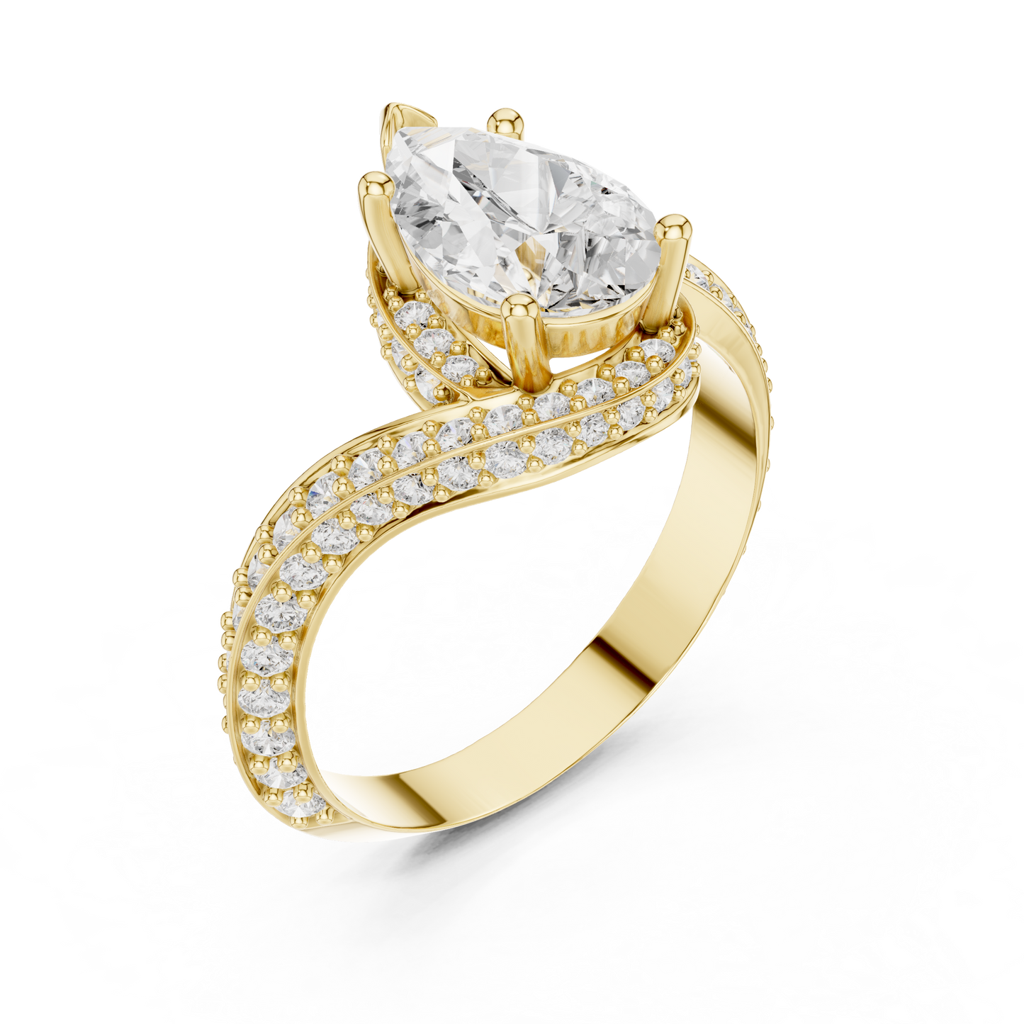 2.20 Carat Pear Cut Diamond Halo Bypass Ring | Yellow Gold