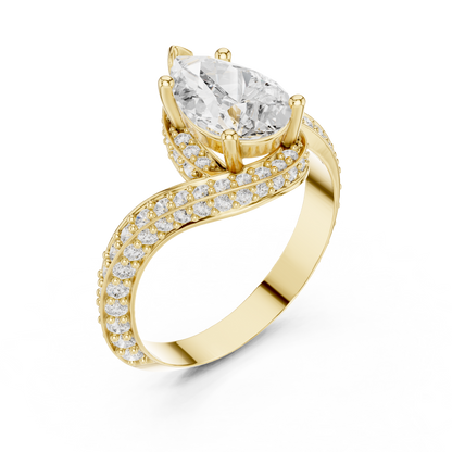 2.20 Carat Pear Cut Diamond Halo Bypass Ring | Yellow Gold