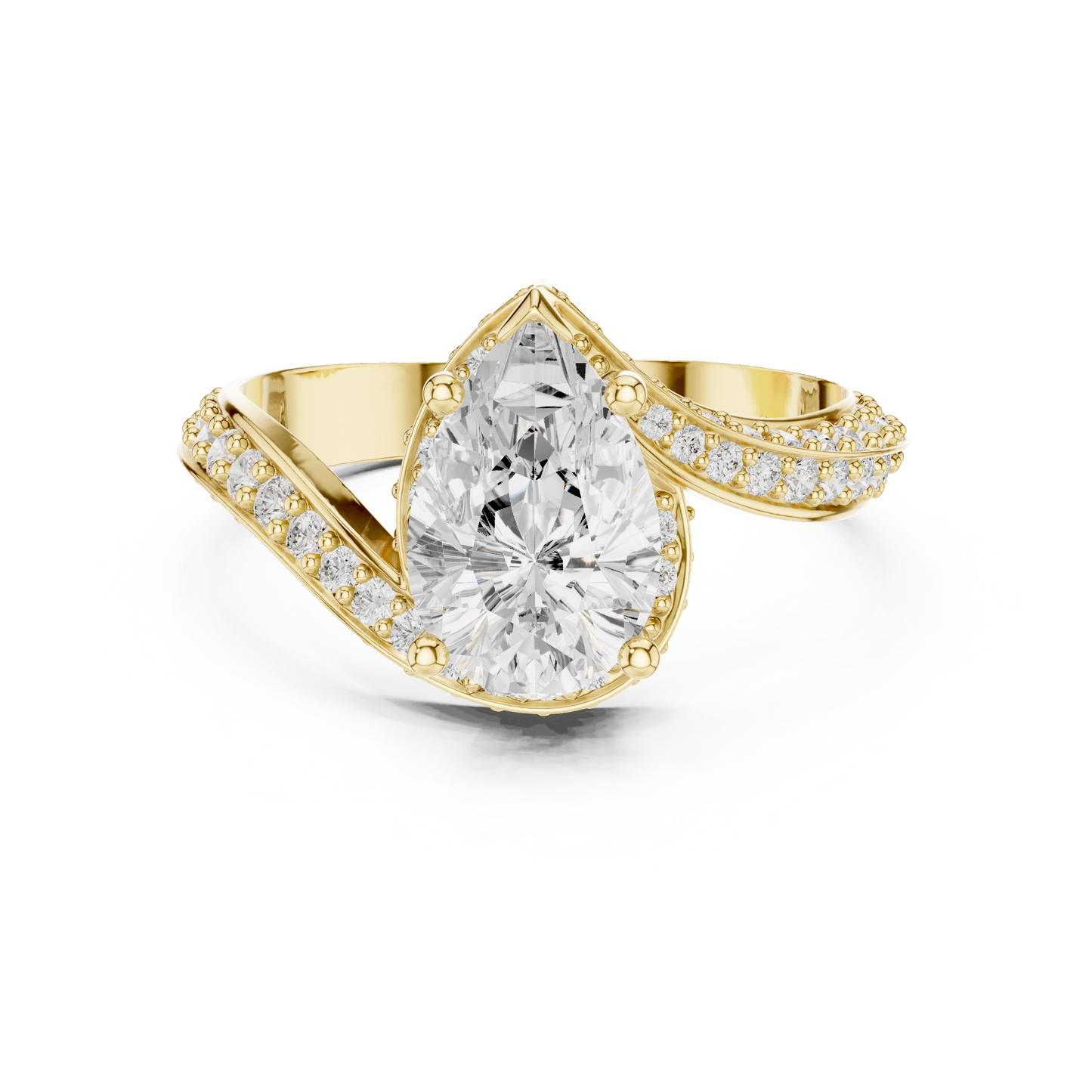 2.20 Carat Pear Cut Diamond Halo Bypass Ring | Yellow Gold