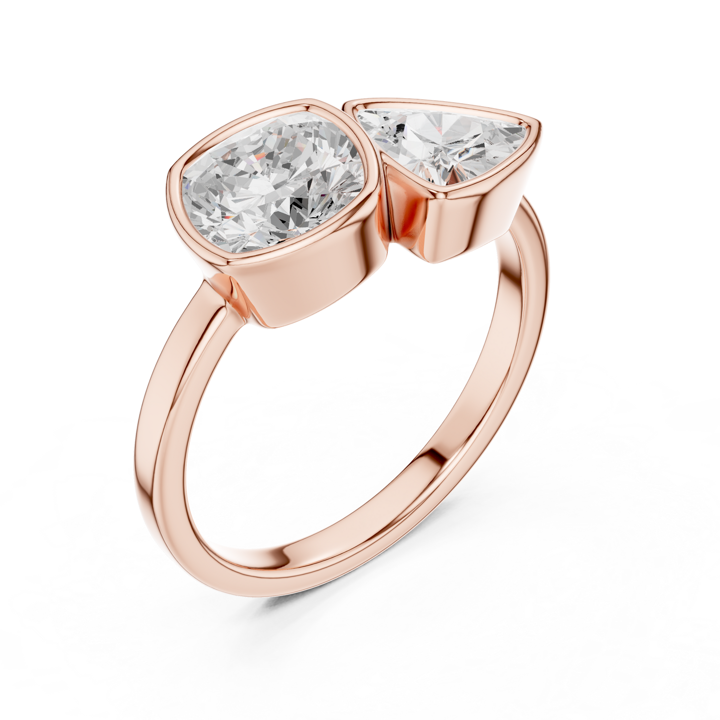 1.95 Carat Cushion & Trillion Diamond Bezel Toi et Moi Ring | Yellow Gold