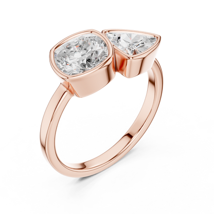 1.95 Carat Cushion & Trillion Diamond Bezel Toi et Moi Ring | Yellow Gold