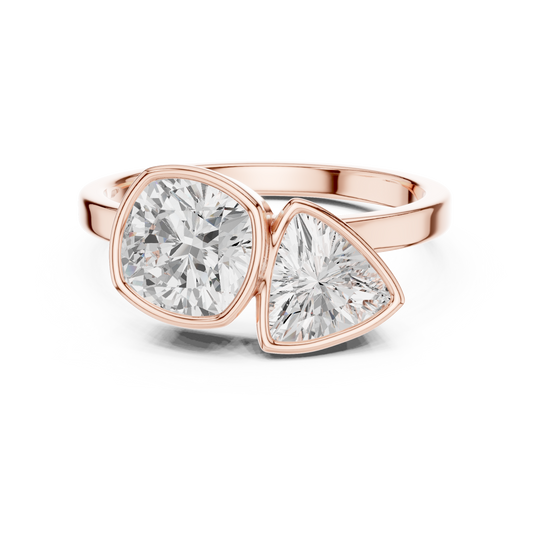 1.95 Carat Cushion & Trillion Diamond Bezel Toi et Moi Ring | Yellow Gold