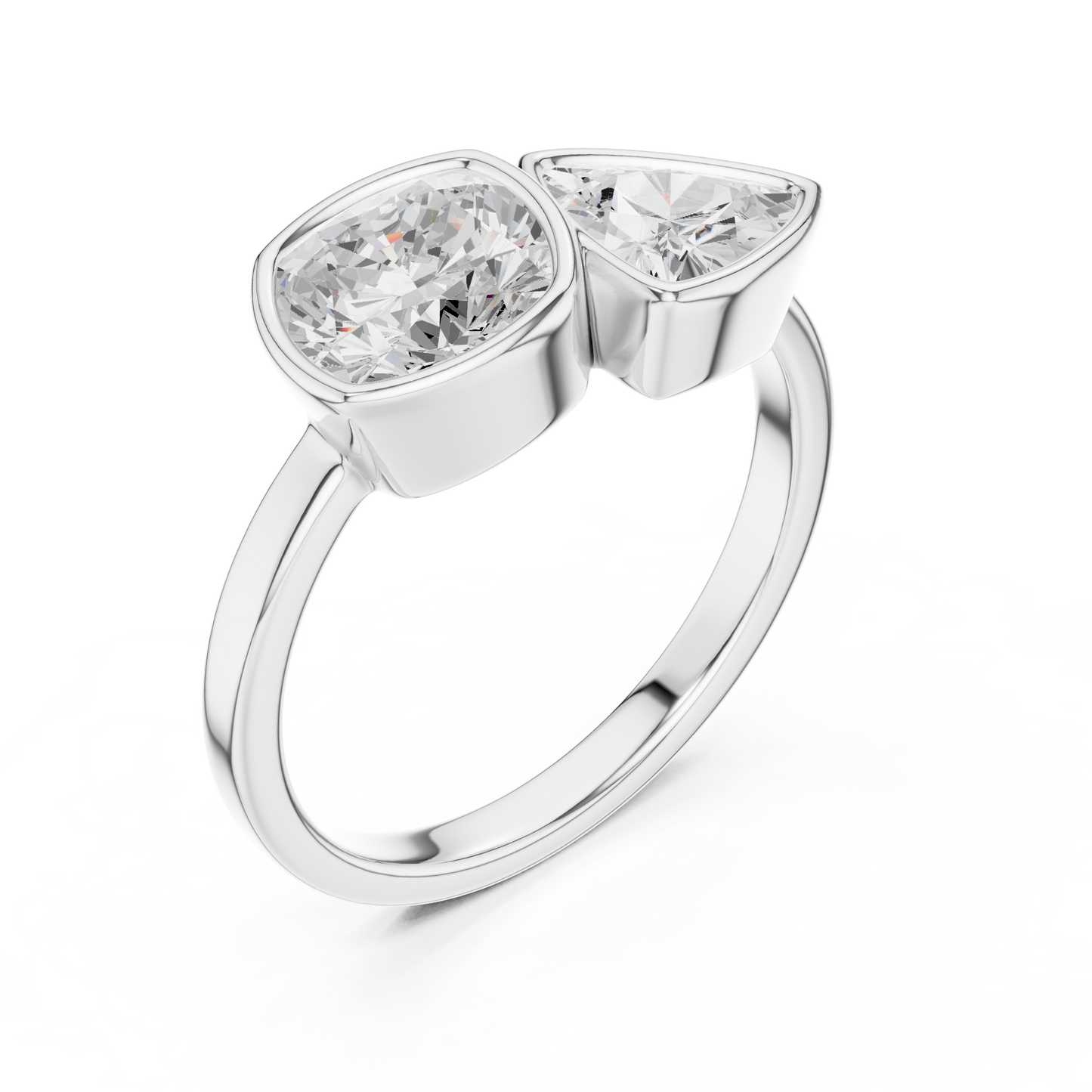 1.95 Carat Cushion & Trillion Diamond Bezel Toi et Moi Ring | Yellow Gold