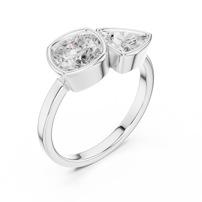 1.95 Carat Cushion & Trillion Diamond Bezel Toi et Moi Ring | Yellow Gold