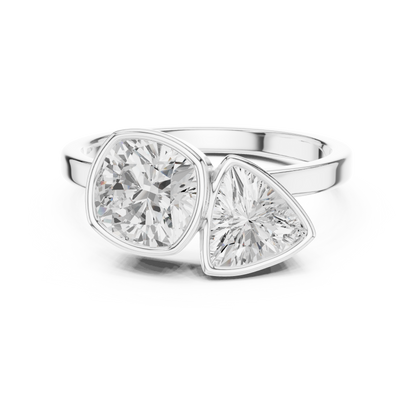 1.95 Carat Cushion & Trillion Diamond Bezel Toi et Moi Ring | Yellow Gold
