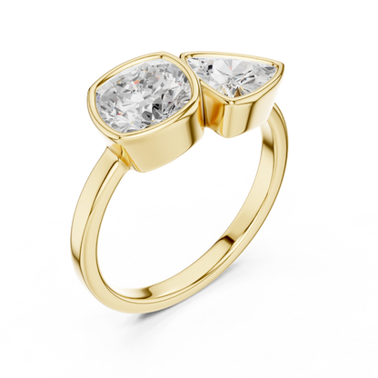 1.95 Carat Cushion & Trillion Diamond Bezel Toi et Moi Ring | Yellow Gold