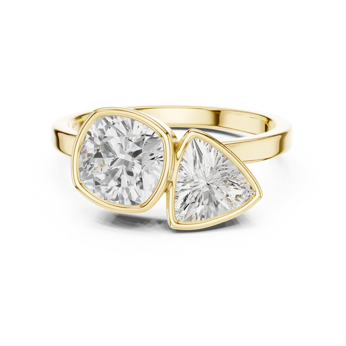 1.95 Carat Cushion & Trillion Diamond Bezel Toi et Moi Ring | Yellow Gold