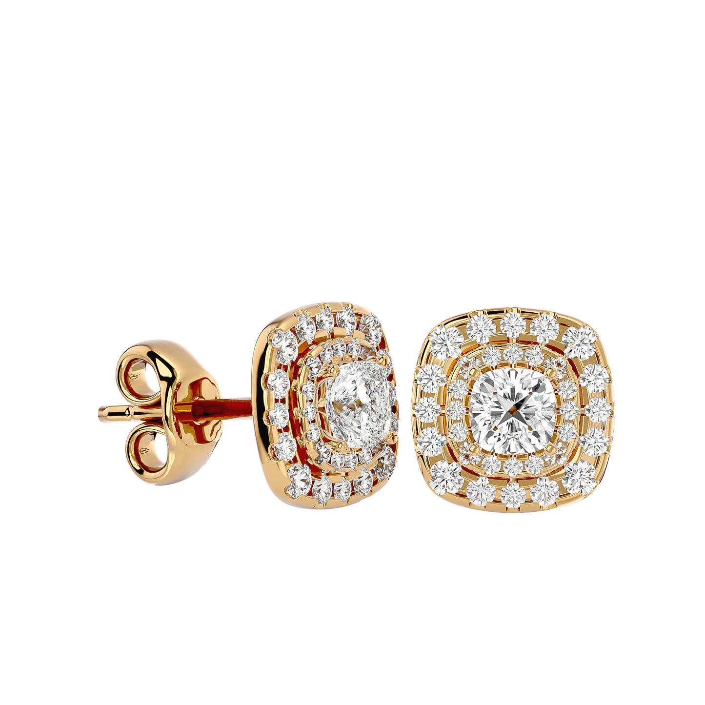 Golden Double Halo Stud Earrings - 2.20 Ct Round Brilliant Cut Diamond